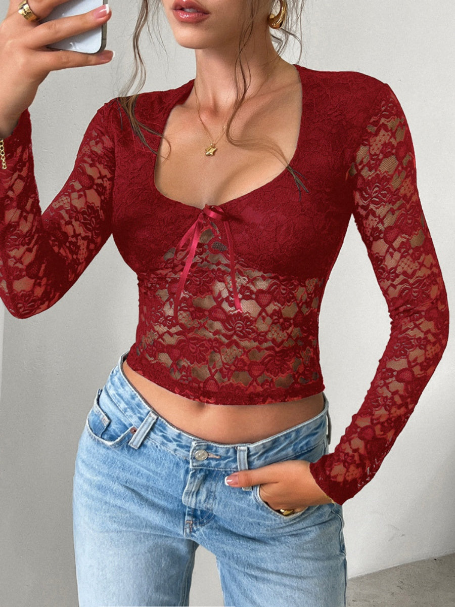 Sexy Slim-fitting Hollowed-out Long-sleeved Tie-up Lace Top