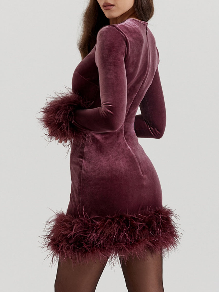 Black Furry Cuffs And Hem Velvet Mini&Short Dresses