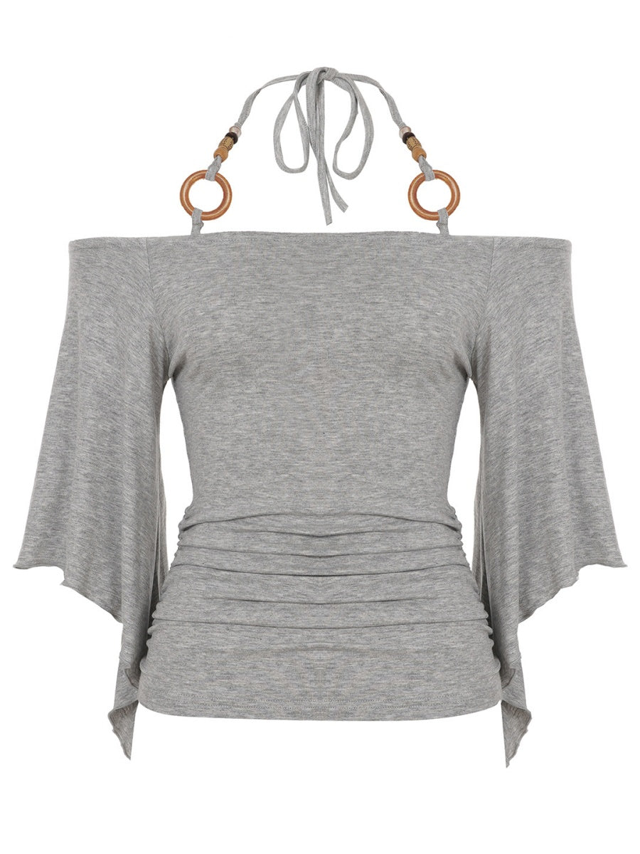 Off-the-shoulder  Bell sleeves  Cinched waist Halter neck top T-shirts