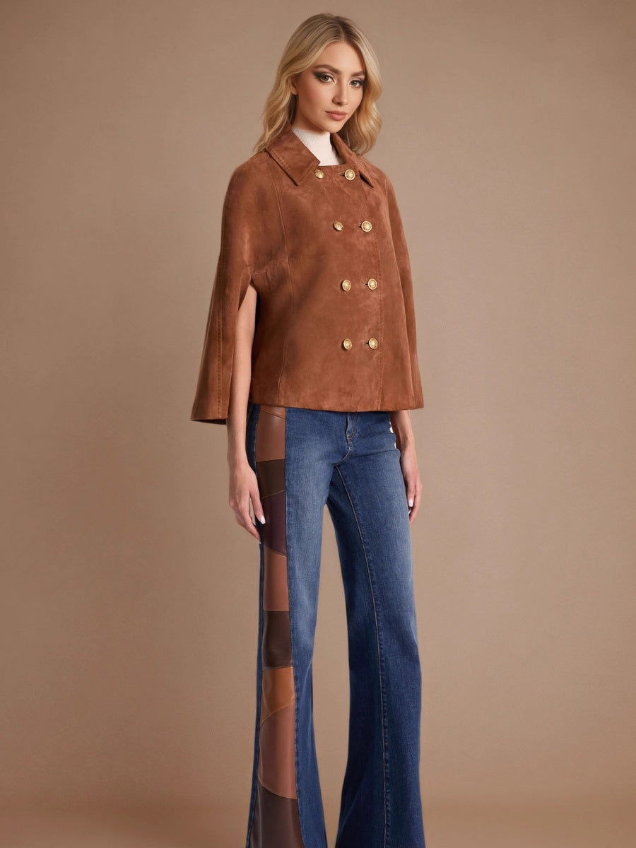 Retro Jacket Double-breasted Cape Brown Suede Turtleneck Coat