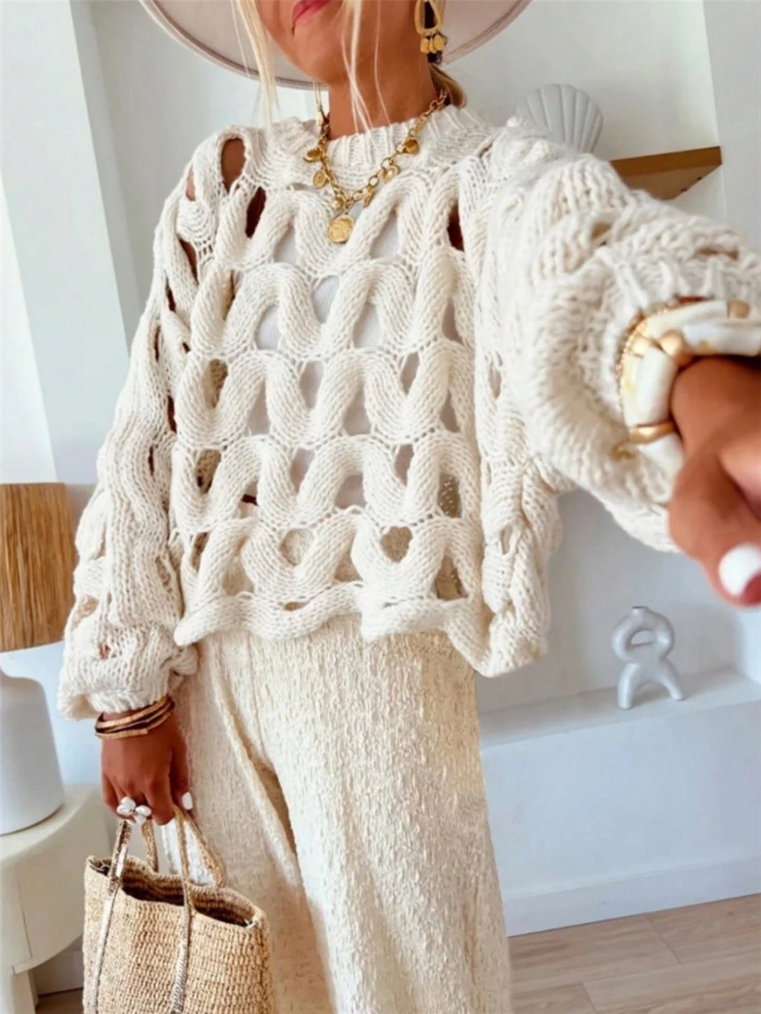 Hollow Out Crochet Long-sleeved Knitted Sweater