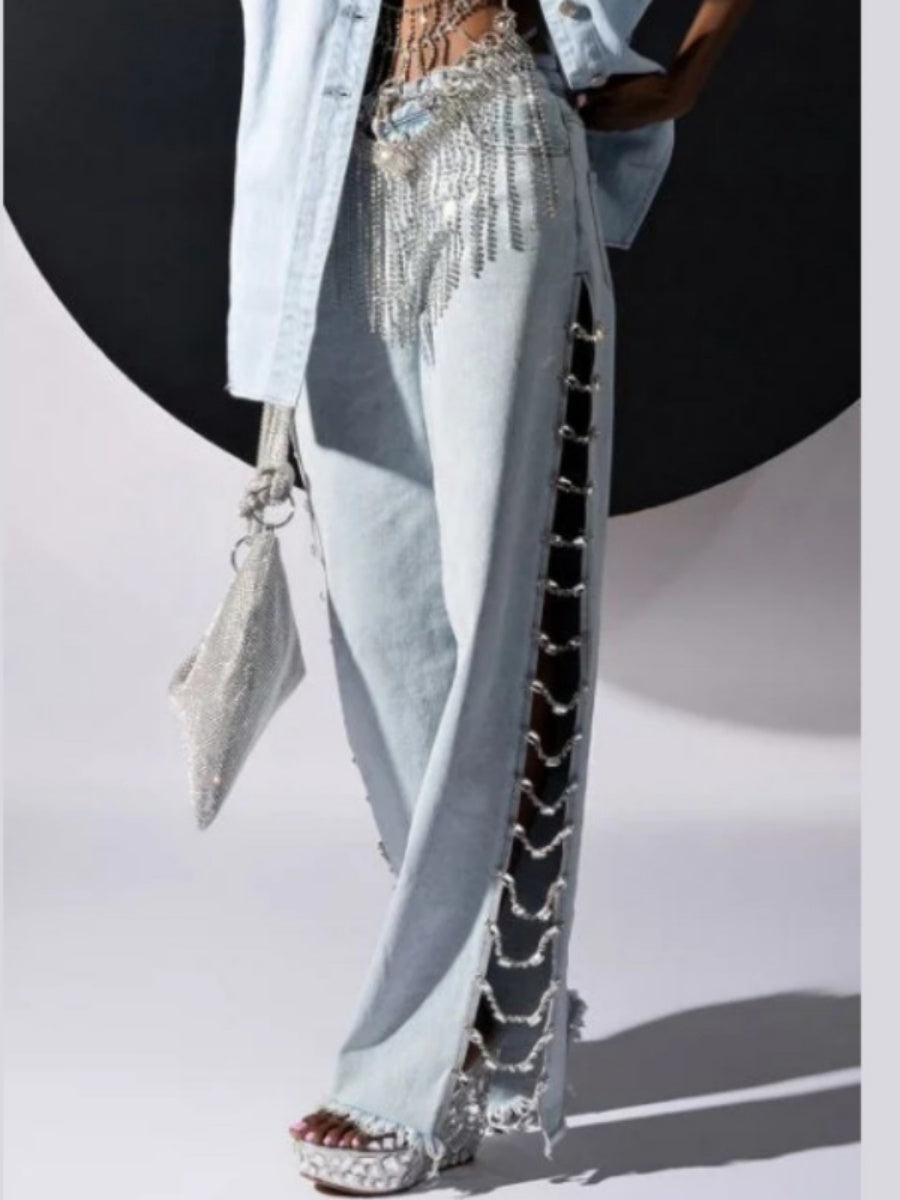 Liber Autumn Women's Ripped Chain Hollow Design Pants