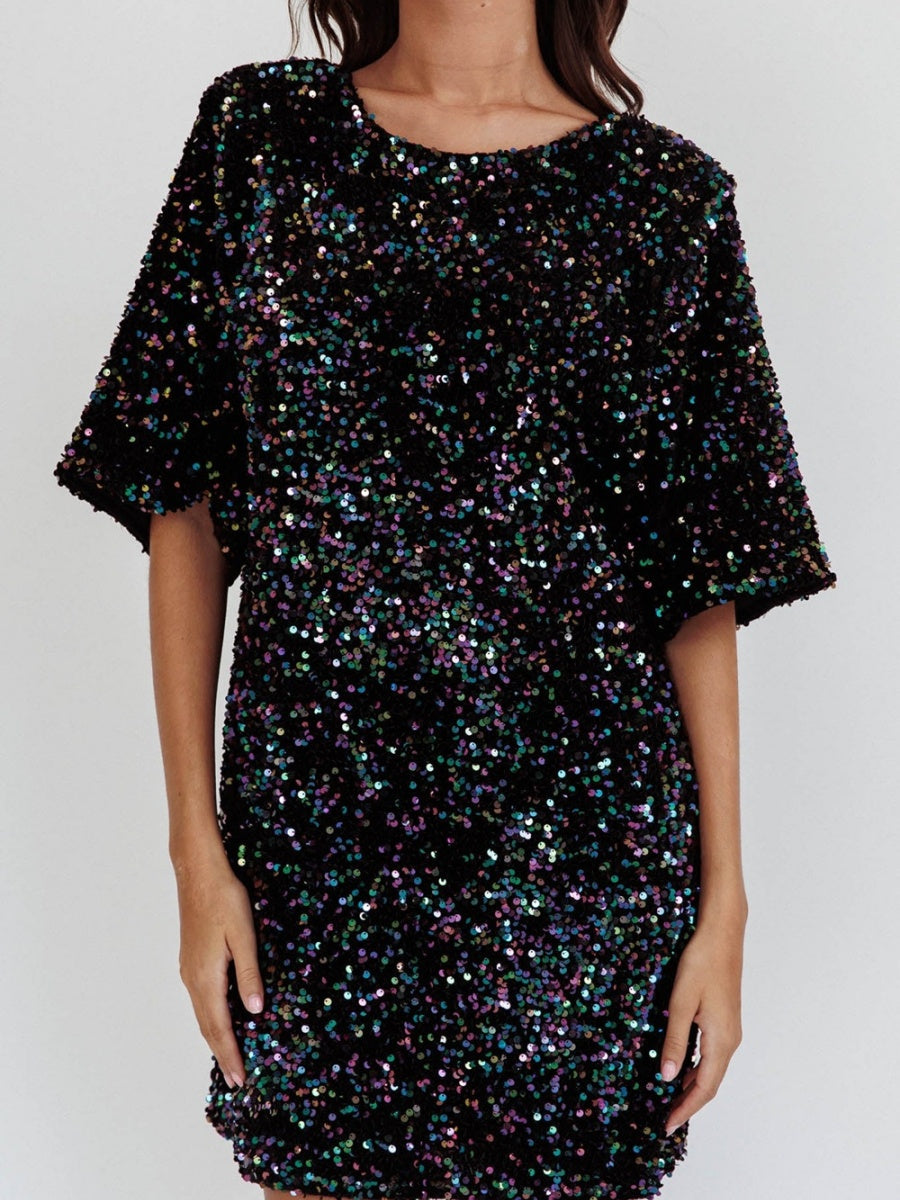 Crew Neck Sequins European And American Style Short Sleeve Loose Bandage Parties Christmas Short Dress