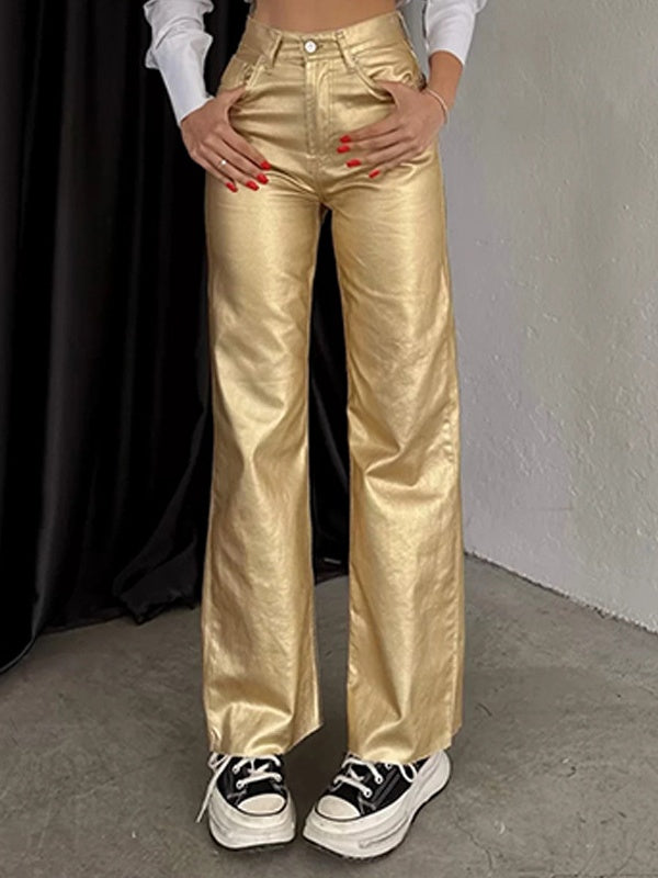 Pocketed, Loose-fitting, Wide-leg, Retro Straight-leg Style In Gold And Silver. Pants
