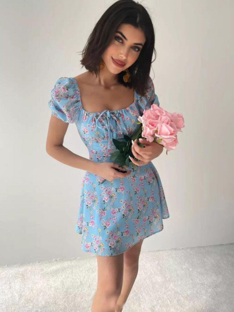 Zipper Floral Printed Short sleeve Mini&Short Dresses