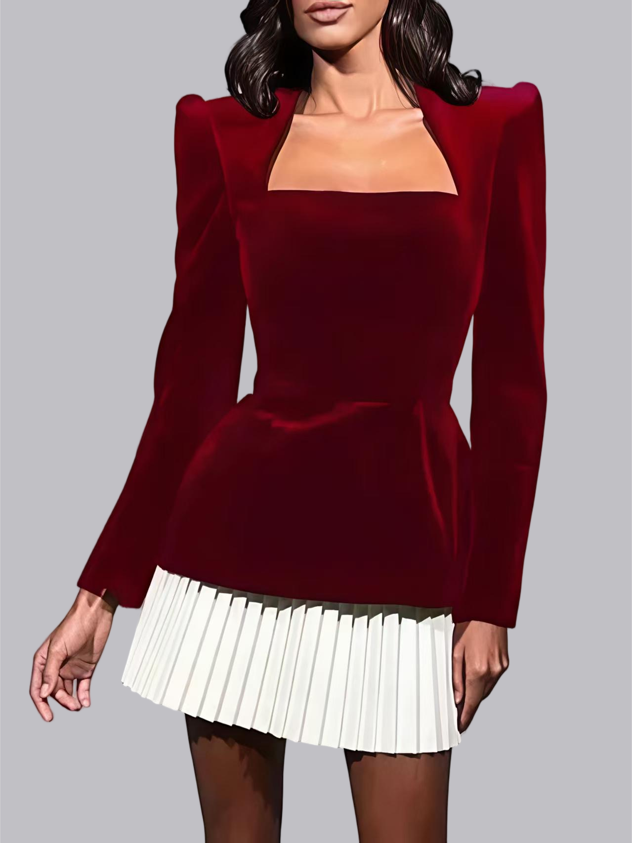 Zipper Long-sleeved Color-blocked Pleated Hem Mini&Short Dresses