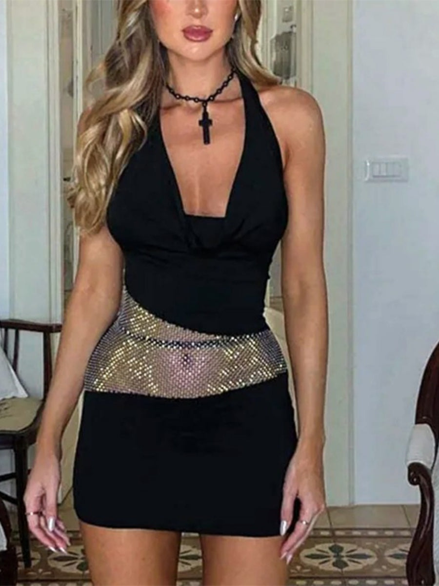 Backless Draped Collar Sparkling Mesh Splicing Halter Mini&Short Dresses