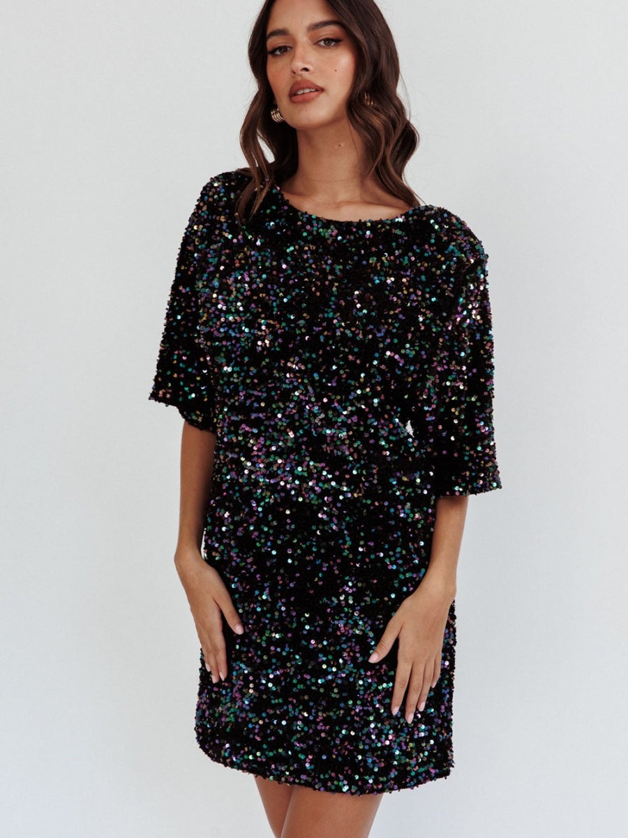 Crew Neck Sequins European And American Style Short Sleeve Loose Bandage Parties Christmas Short Dress