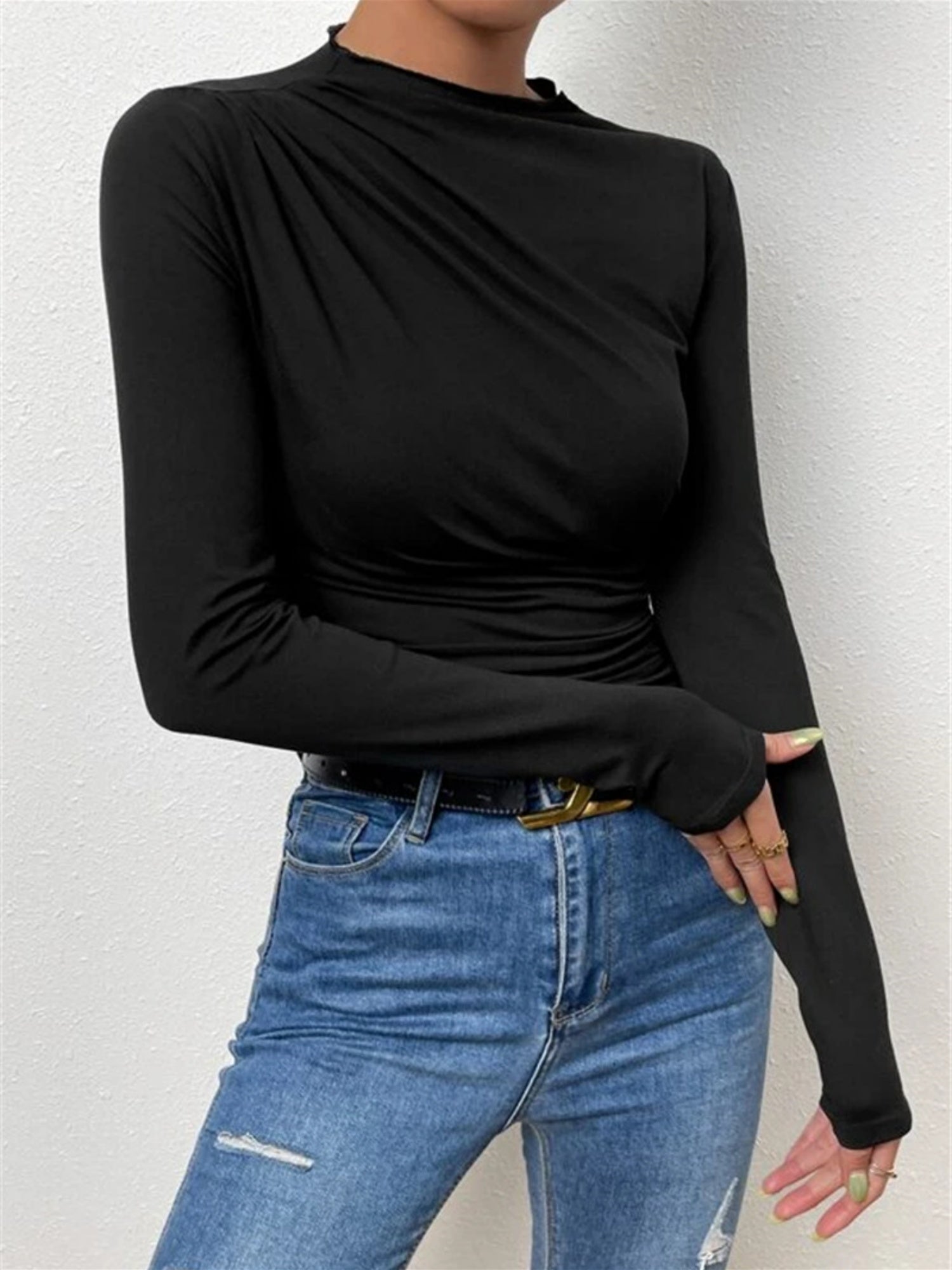 Pleated Solid Color Long-sleeved T-shirt