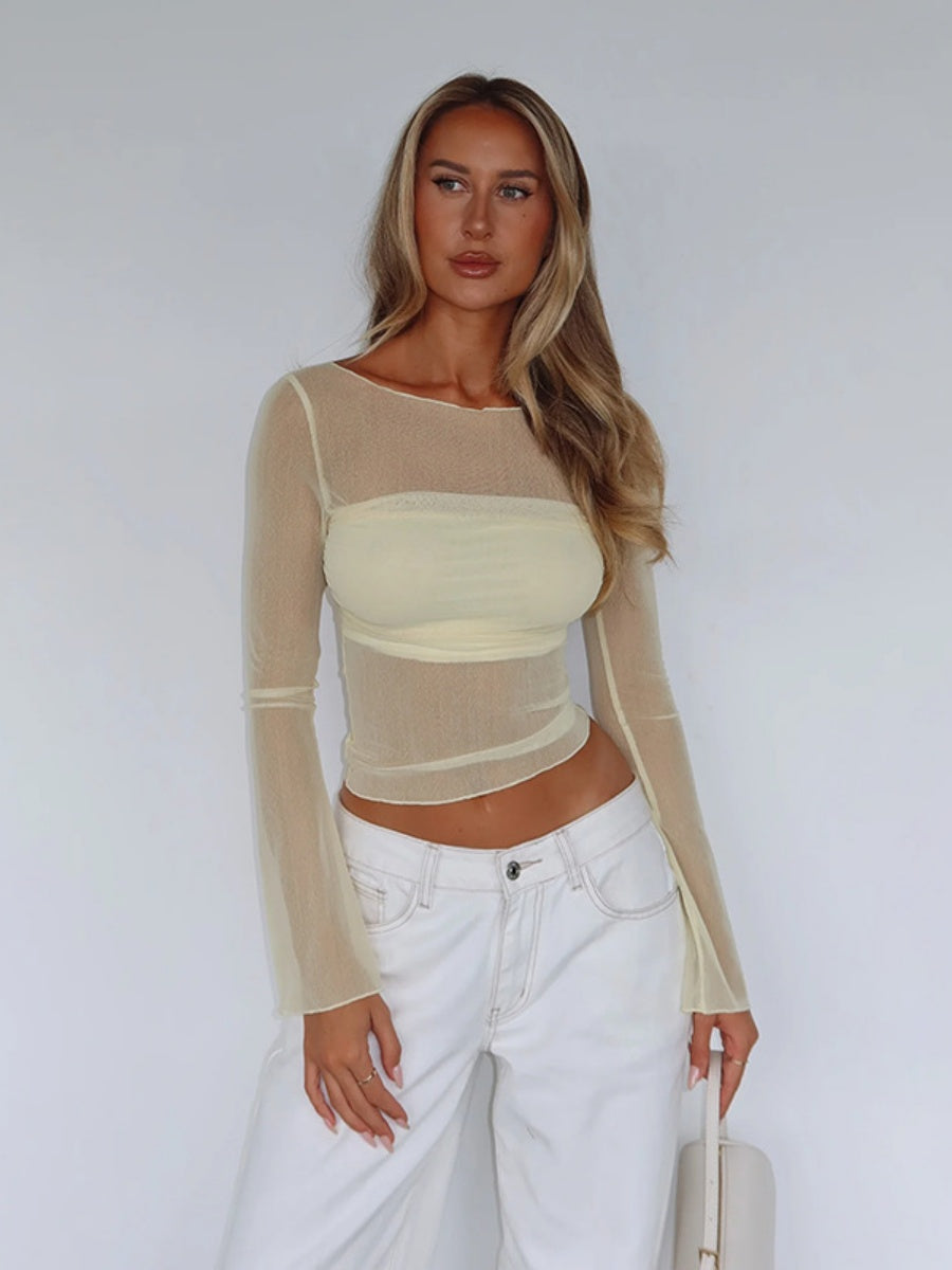 Women's Perspective Mesh Off Shoulder Long-sleeved T-shirt