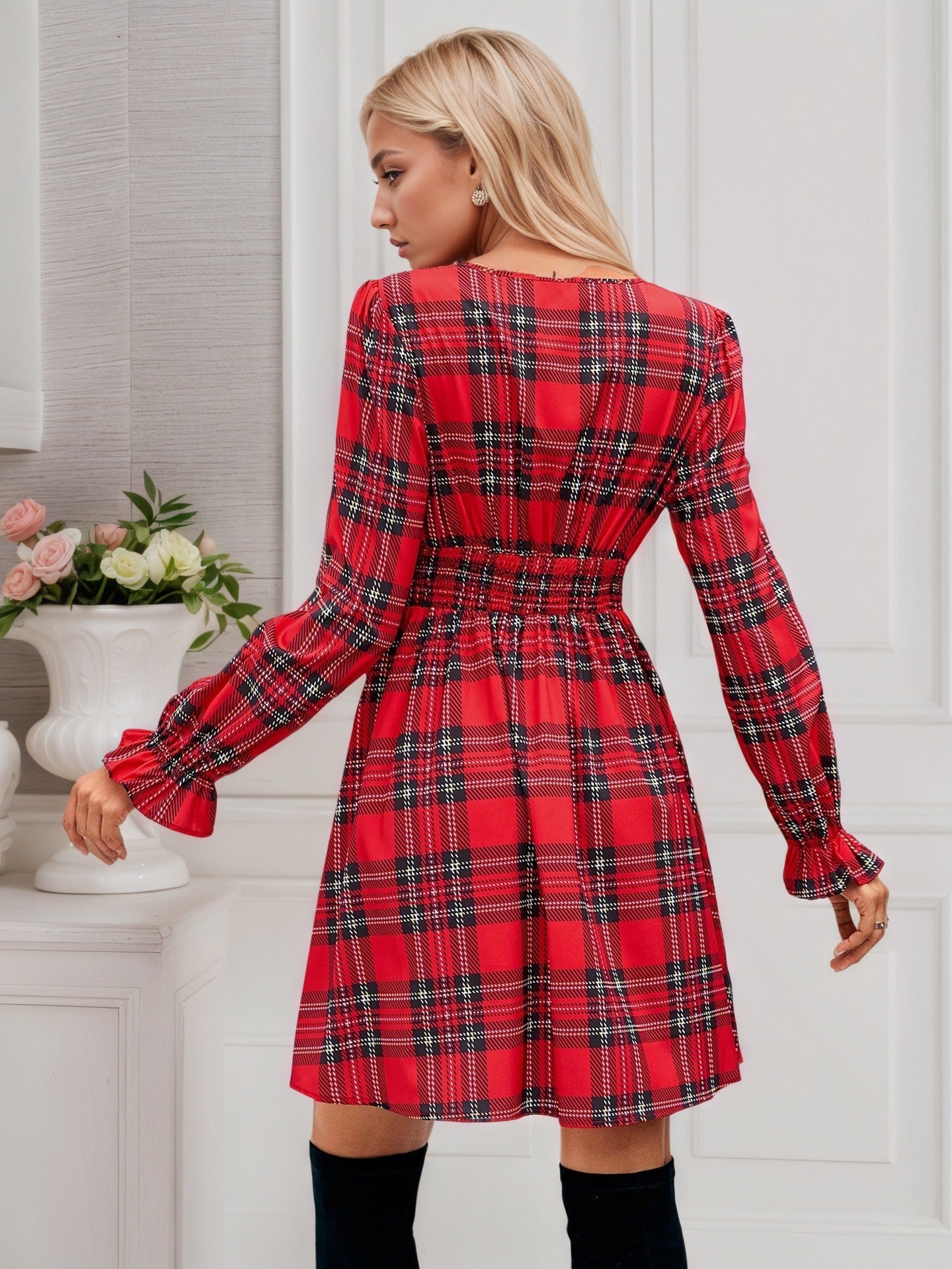 V-neck Tie-up Plaid Christmas Red Green Long Sleeve Bow Holiday Party Short Dress