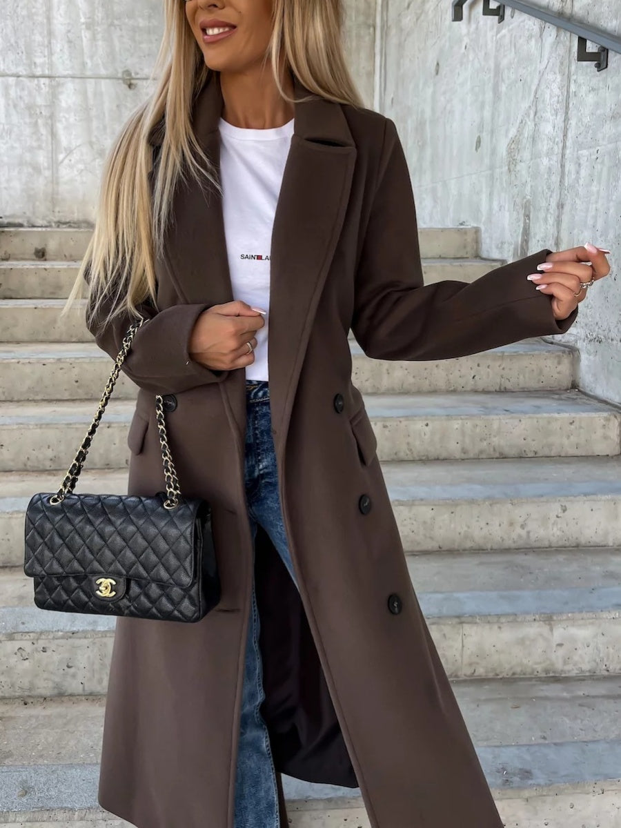 Simple Long-sleeved Lapel Button-down Woolen Coat