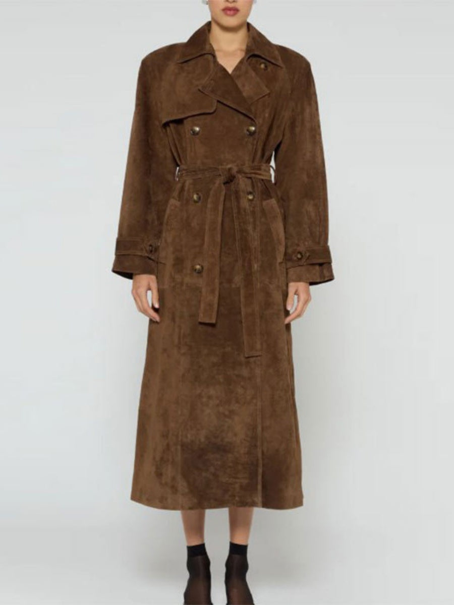 Long Suede Trench Coats Belt Pocket Grace Workplace Everyday Coat