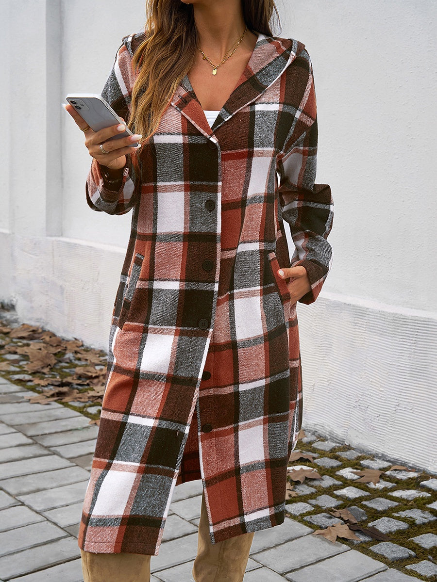 Contrasting Colors Pocket Plaid Mid-length Coats