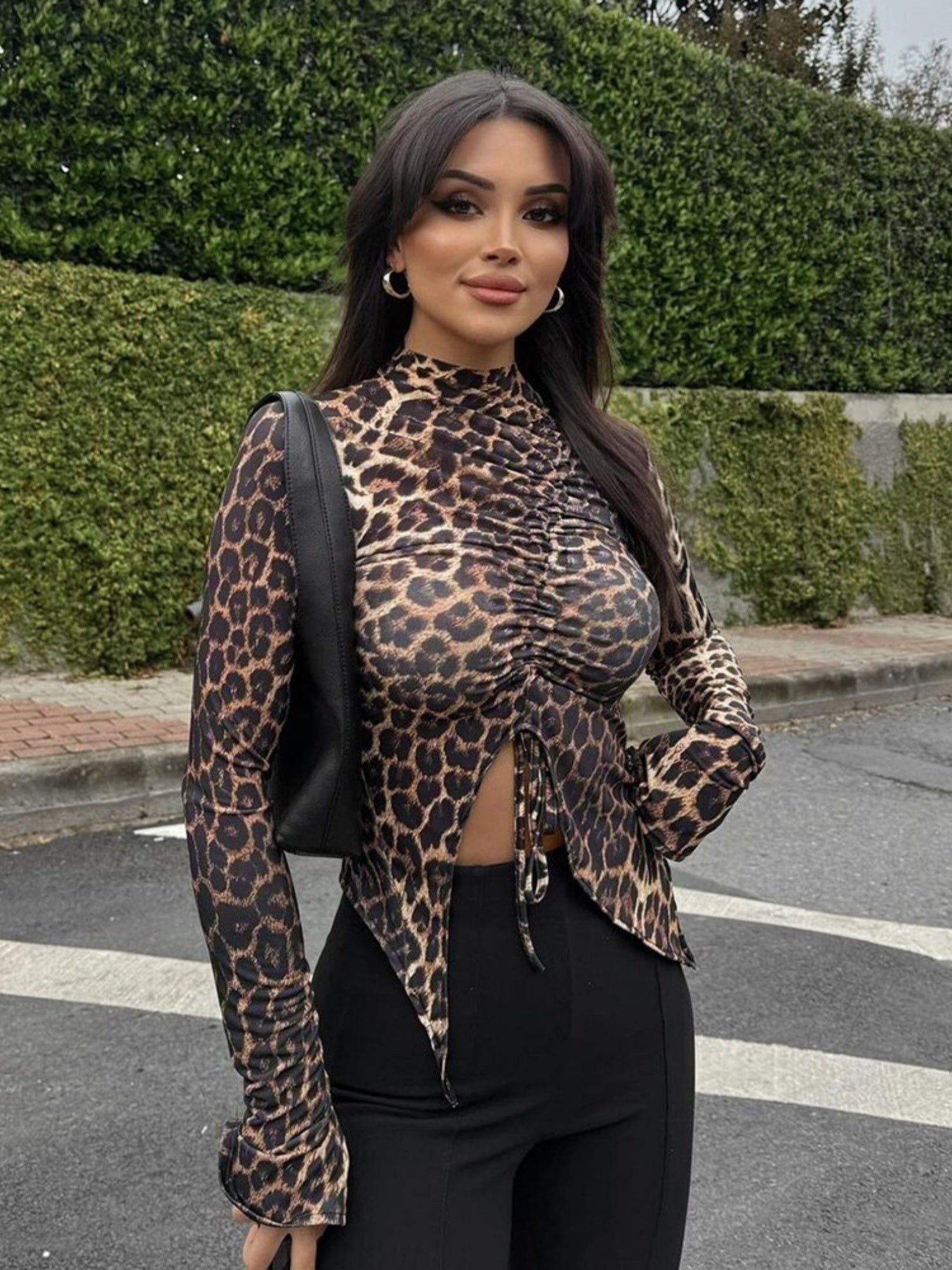 Liber Leopard Print Navel Exposed Drawstring Long-sleeved T-shirt