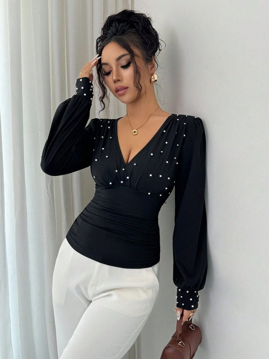Deep V-neck Slim Fit Pearl Decoration Pleated Waist T-shirt