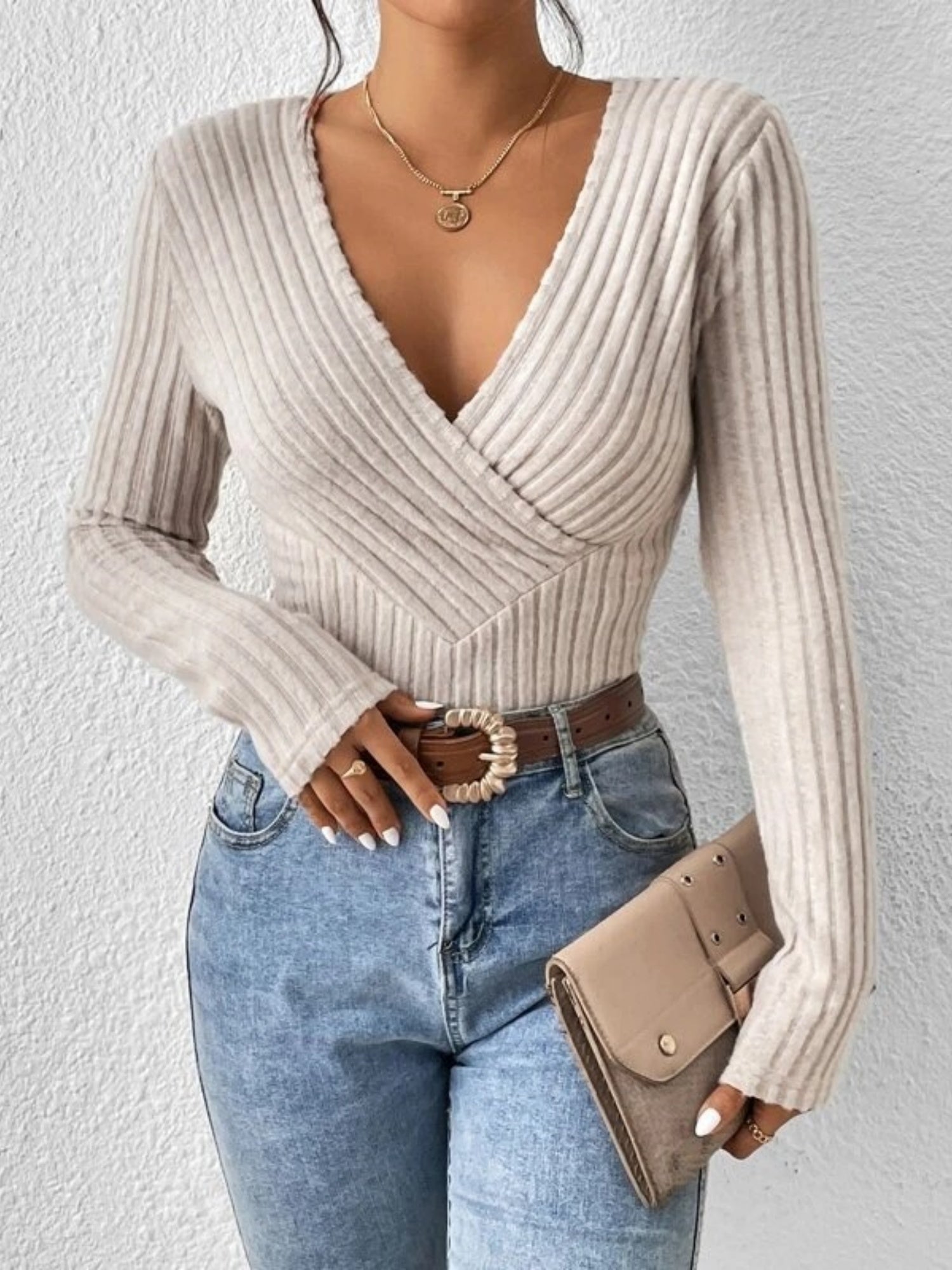 V-neck Crossover Long-sleeved Brushed Ribbed Knit T-shirt/sweater