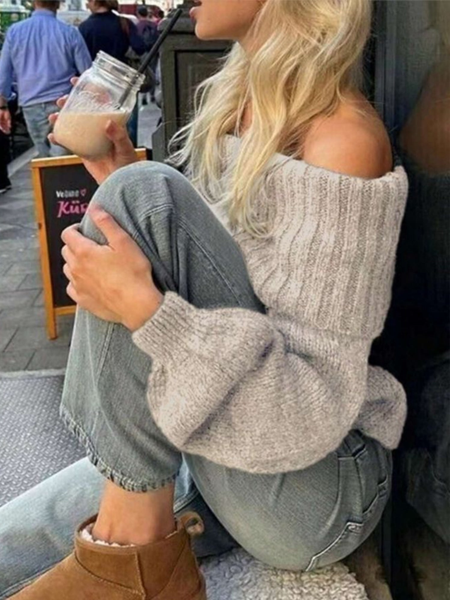 Off-shoulder Off-shoulder Balloon Sleeve Solid Color Knitted Sweater