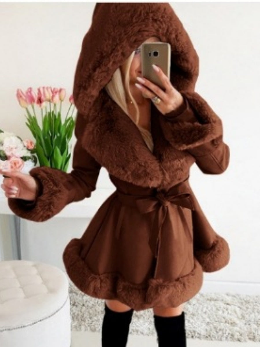 Furry Patchwork Ruffle Solid Color Ribbon Hooded Coats