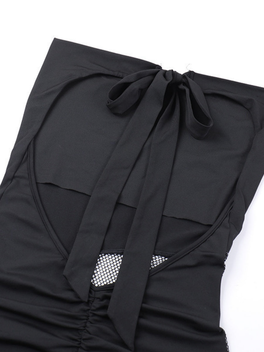 Backless Draped Collar Sparkling Mesh Splicing Halter Mini&Short Dresses