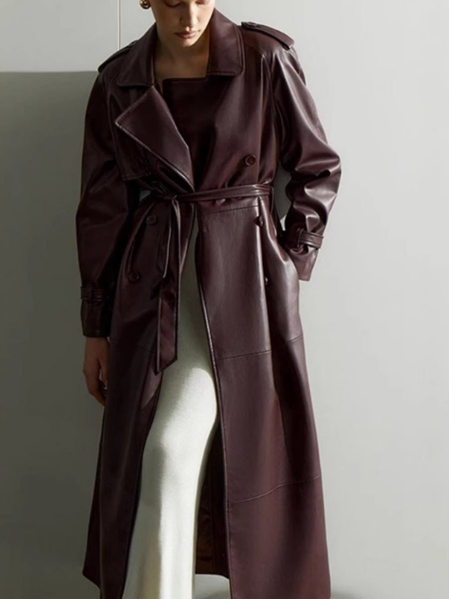 Claret Waist Lace Up Long Leather Jacket