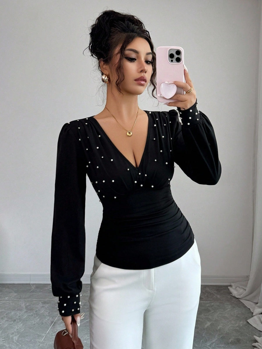 Deep V-neck Slim Fit Pearl Decoration Pleated Waist T-shirt