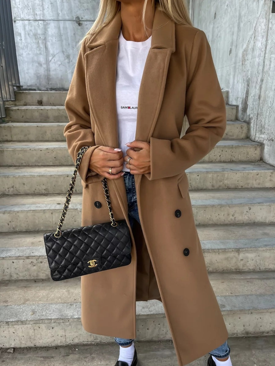 Simple Long-sleeved Lapel Button-down Woolen Coat