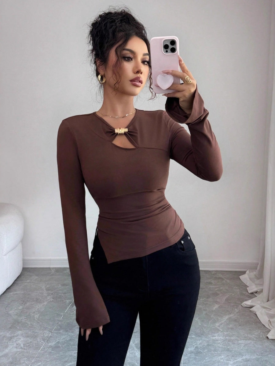 Asymmetrical Plain Weave On The Top Hollow Metal Decoration Slim Fit Slimming Everyday T-shirts