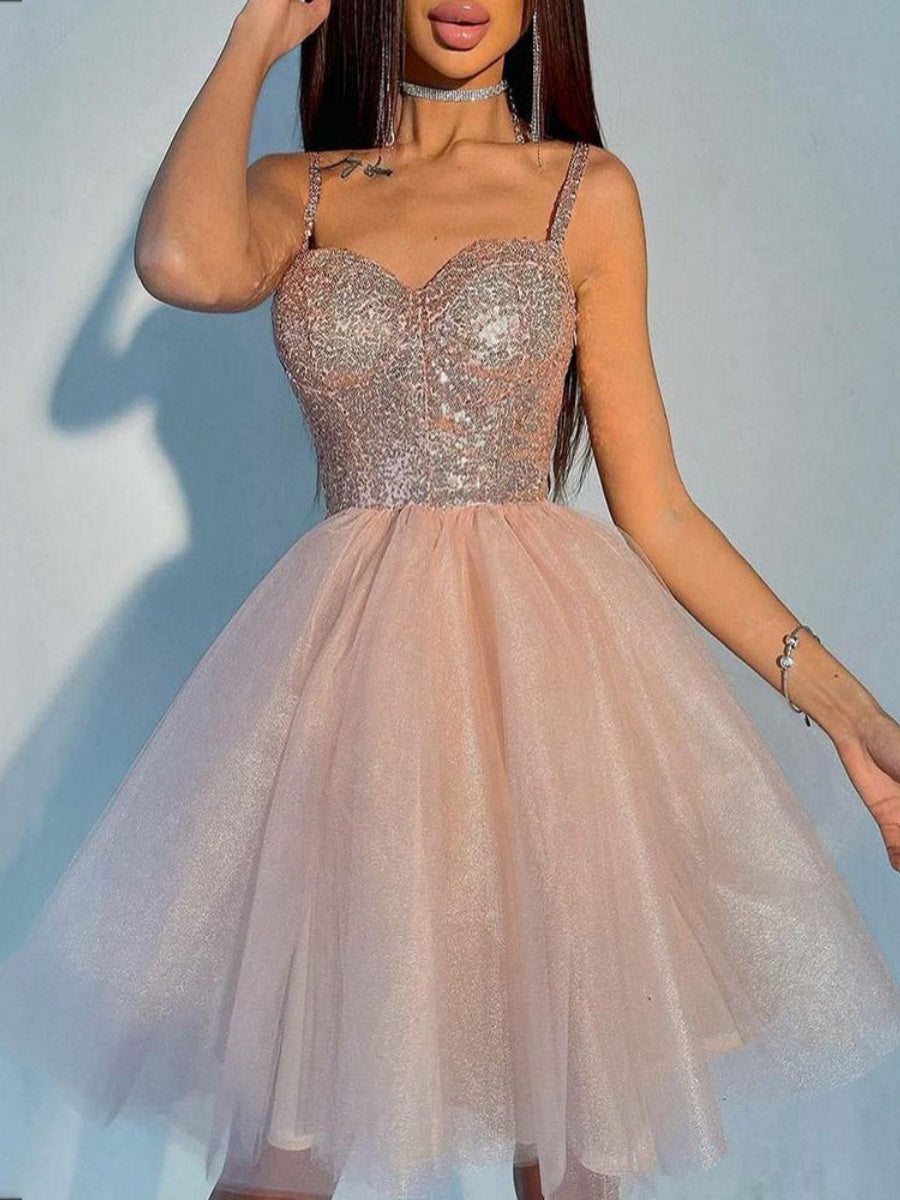 Pink Sequins Mesh Bandage Mini&Short Dresses