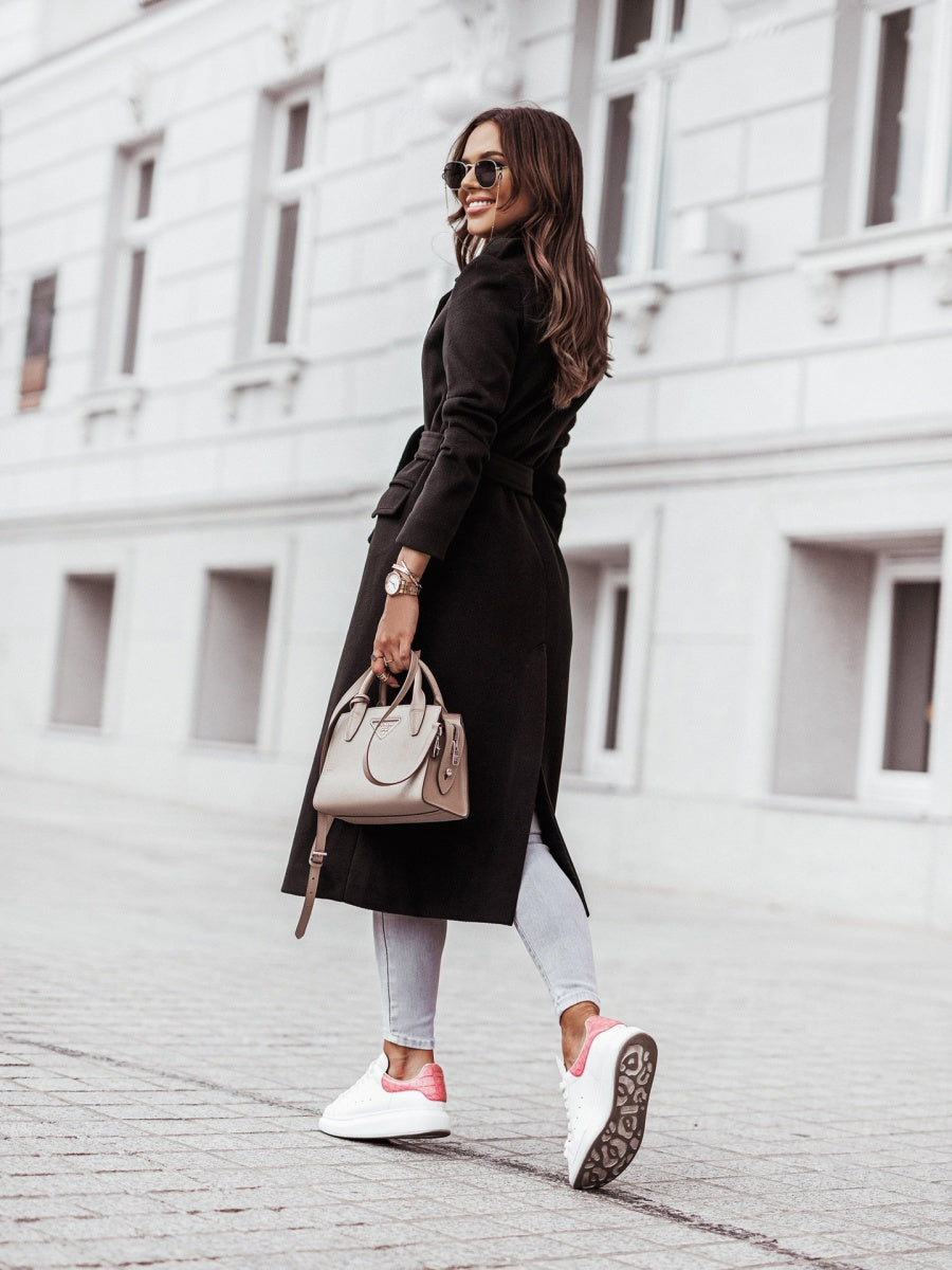 Simple Long-sleeved V-neck Tie Woolen Solid Color Coats