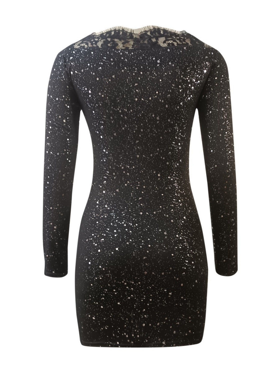 Off-the-shoulder Lace Splicing Sexy Silver-stamped Off-shoulder Bodycon Black Evening Mini Dress