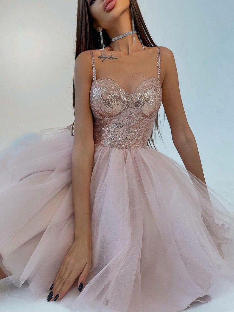 Pink Sequins Mesh Bandage Mini&Short Dresses