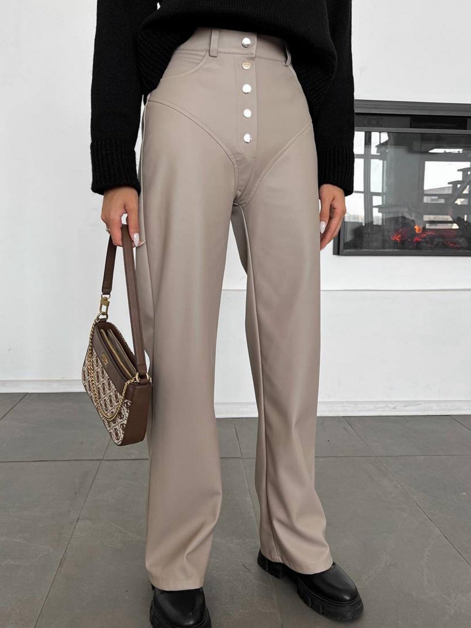 Leather Stitching Buttons High-waisted Straight-leg Pants Pants