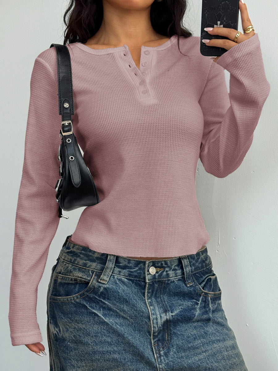 Simplicity Buttons Solid Color Long Sleeve T-shirts