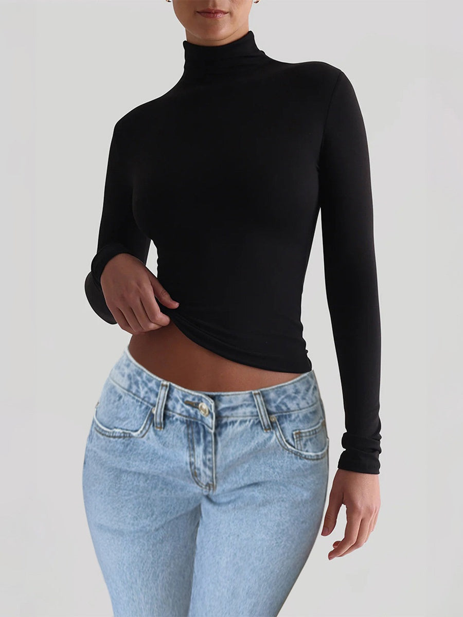 Simplicity Navel Solid Color Turtleneck Long Sleeve T-shirts