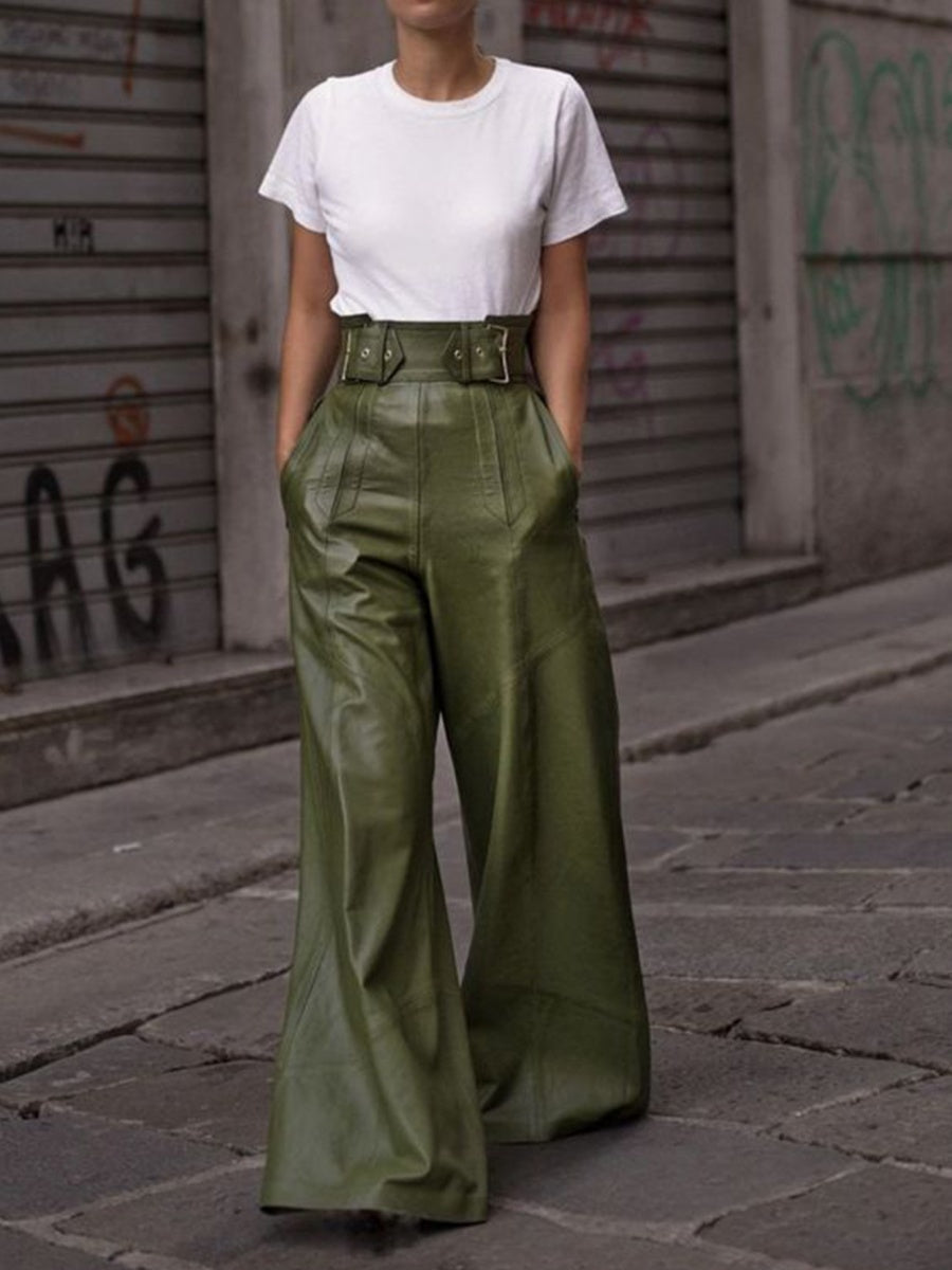 PU Straight-leg Leather Patchwork Trousers