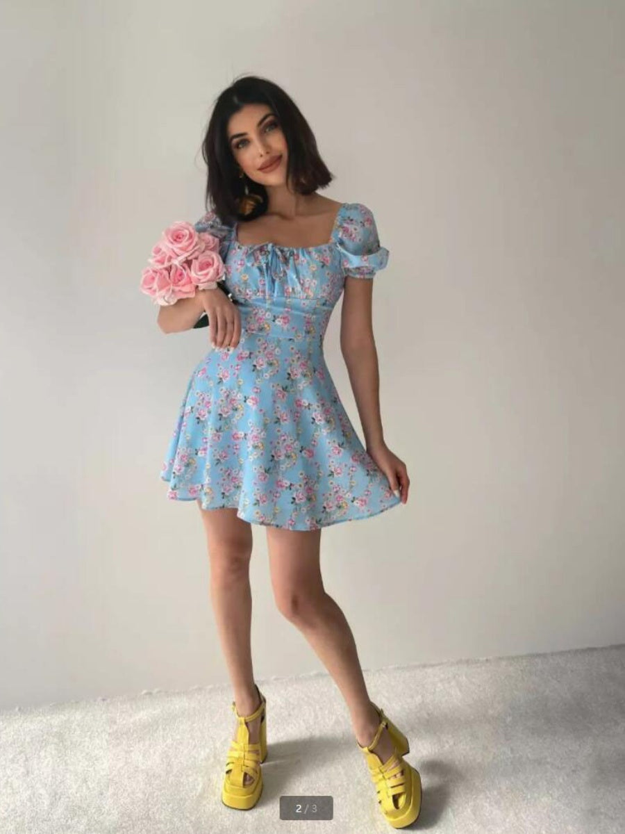 Zipper Floral Printed Short sleeve Mini&Short Dresses