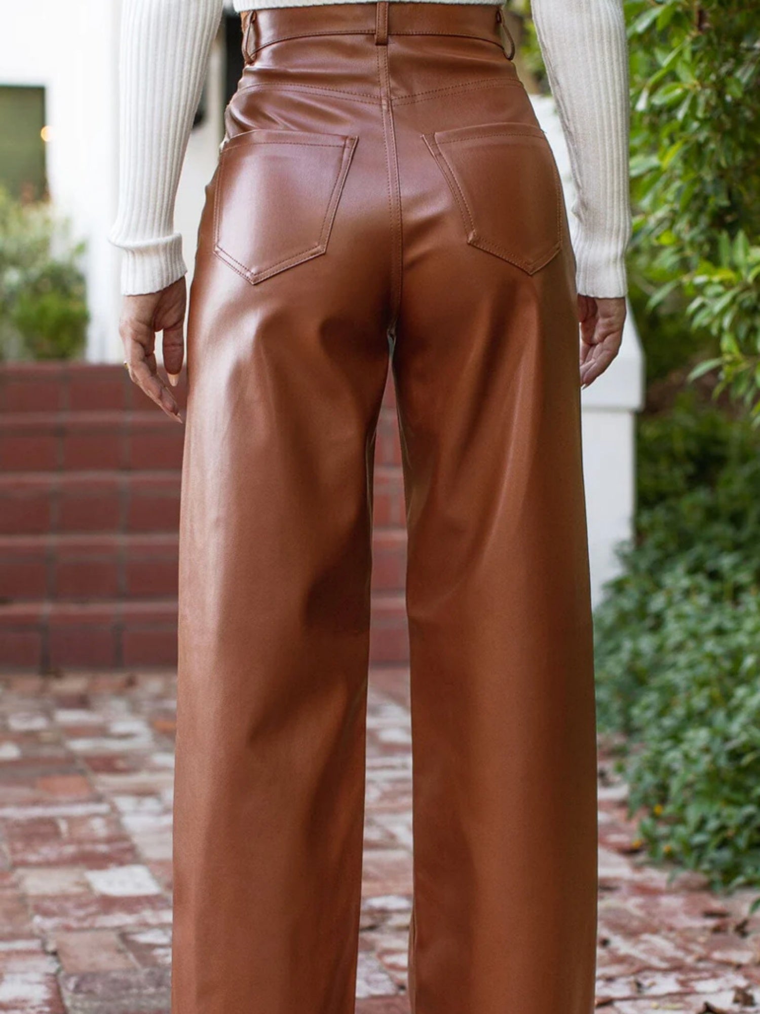Leather Splicing High-waisted Wide-leg Pants Pants