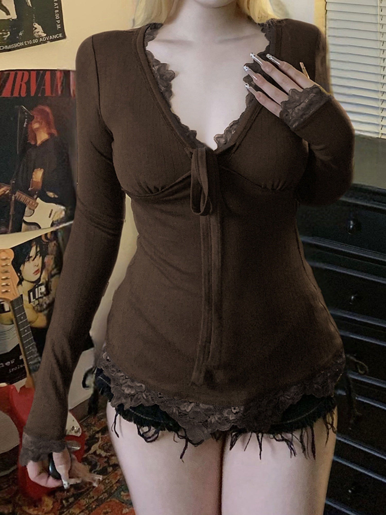 Lace Trim Deep V-neck Straps Long-sleeved T-shirt