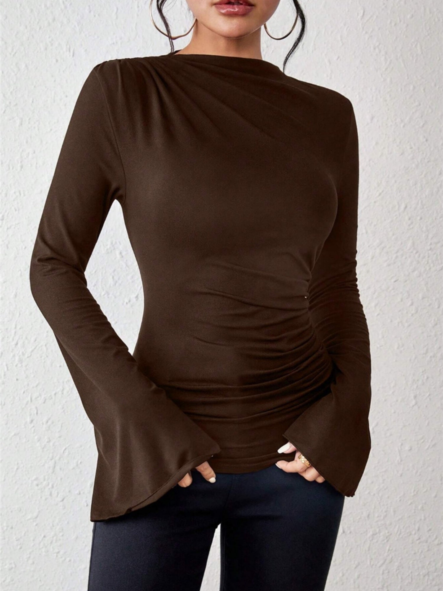 Bell Sleeves Stand-up Collar Long-sleeved T-shirt