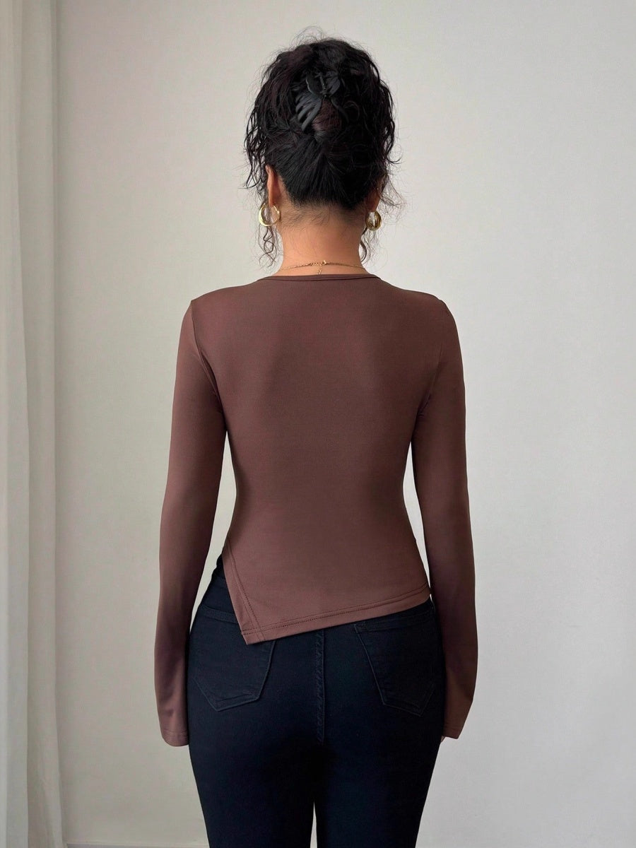 Asymmetrical Plain Weave On The Top Hollow Metal Decoration Slim Fit Slimming Everyday T-shirts