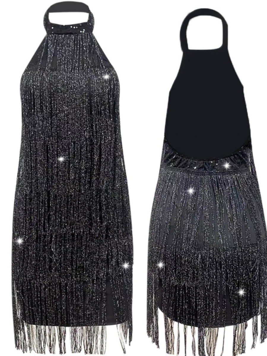 Black Tassel Flash Halter Sleeveless Mini&Short Dresses
