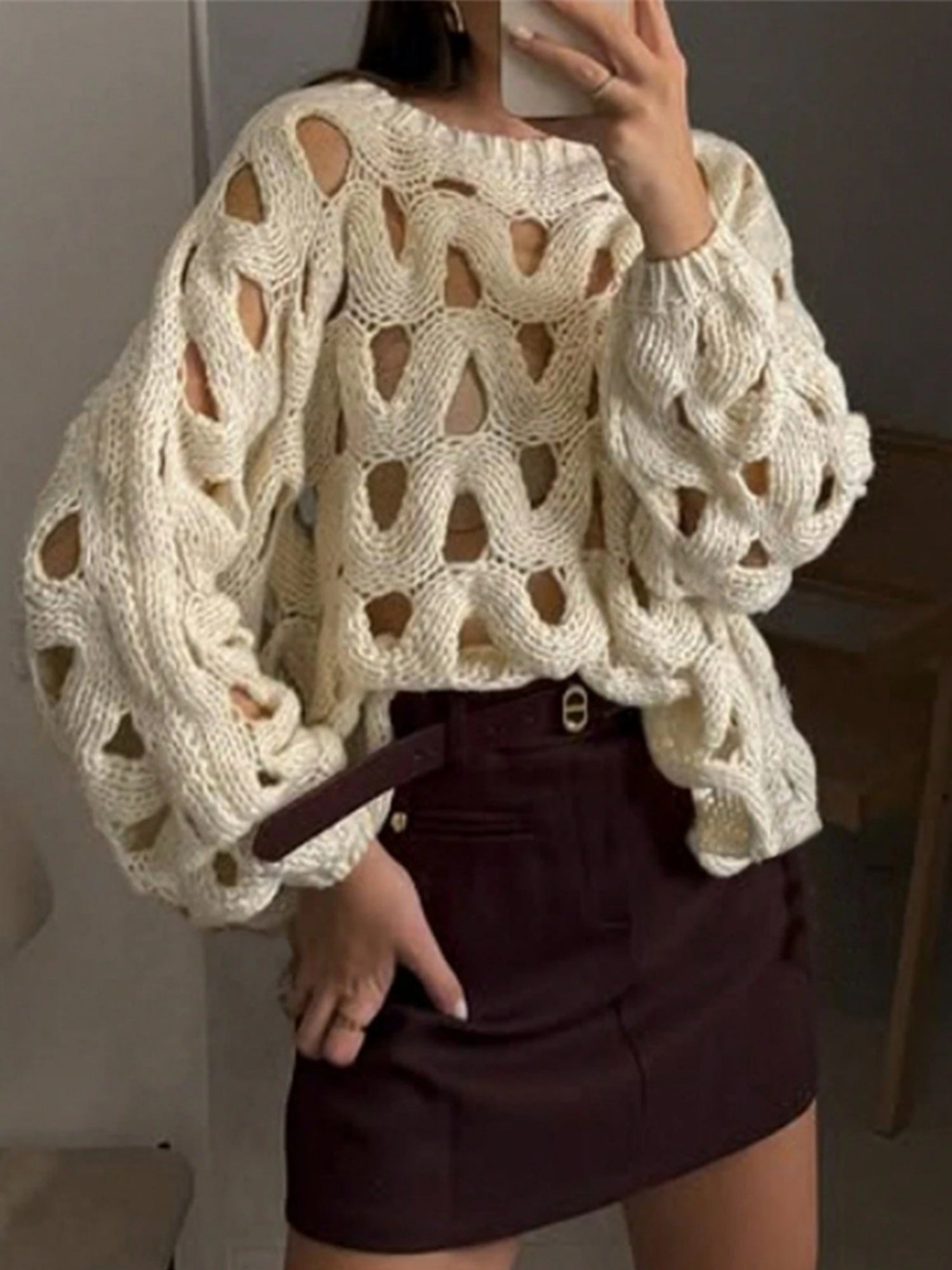 Hollow Out Crochet Long-sleeved Knitted Sweater