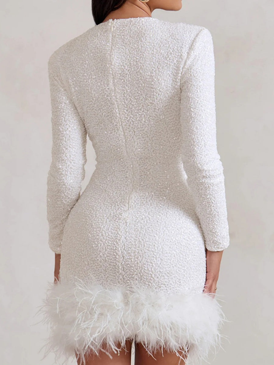 Sequins Feather Trim Mini Dresses