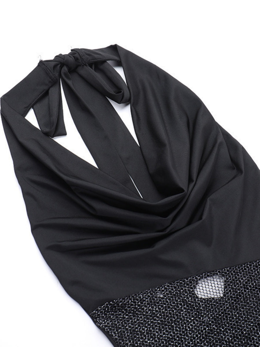 Backless Draped Collar Sparkling Mesh Splicing Halter Mini&Short Dresses