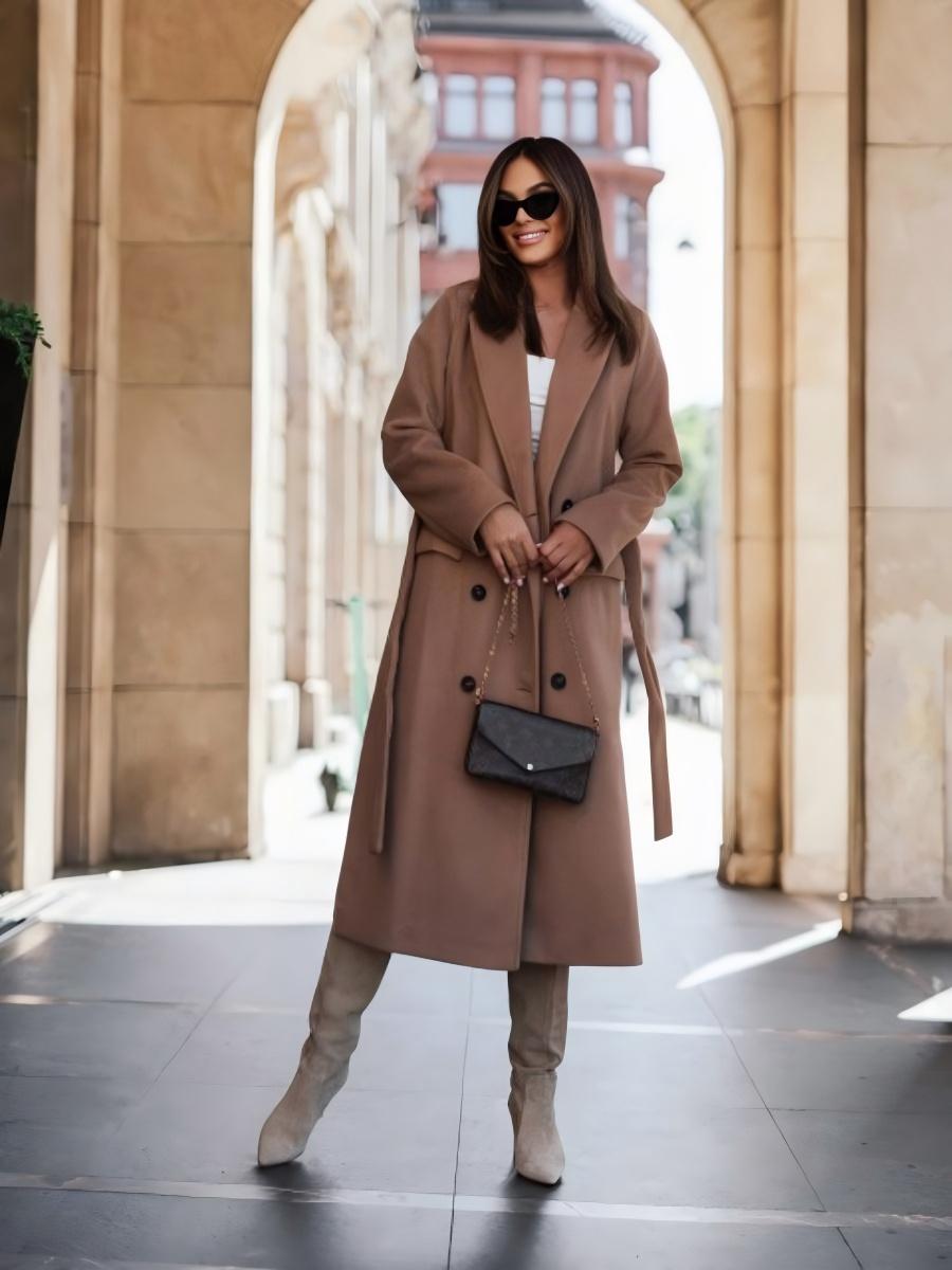 Simple Long-sleeved Suit Collar Tie Wool Solid Color Coats