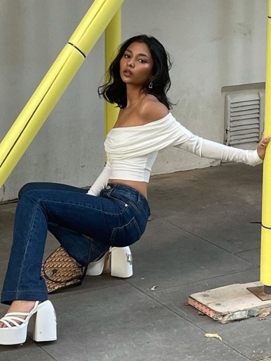 Women's Navel Off Shoulder Long-sleeved T-shirt