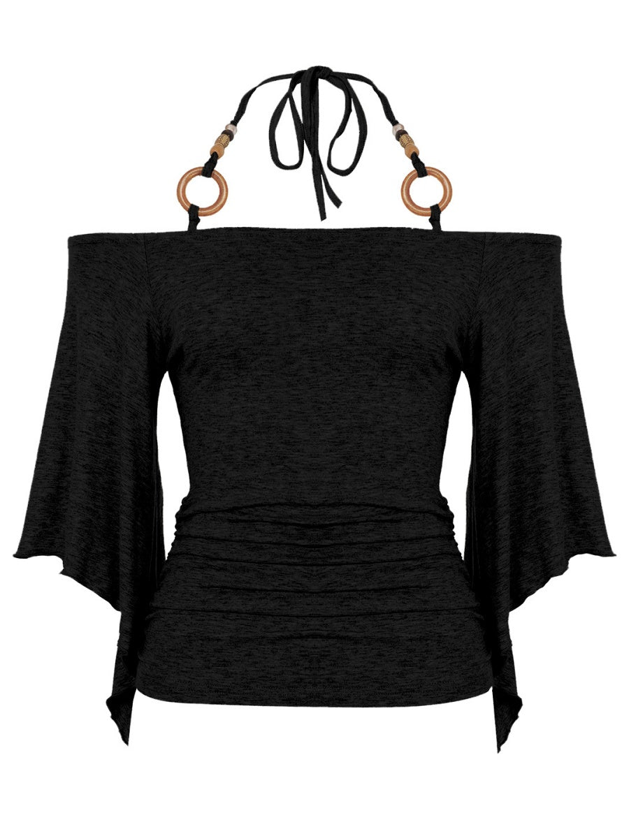 Off-the-shoulder  Bell sleeves  Cinched waist Halter neck top T-shirts