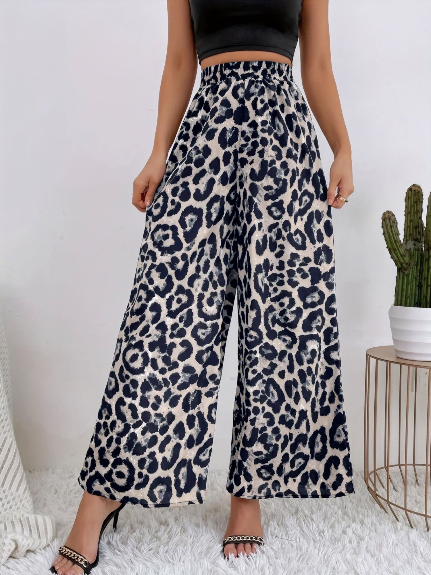 Leopard Print Elastic Waist Draped Loose Casual Wide Trousers