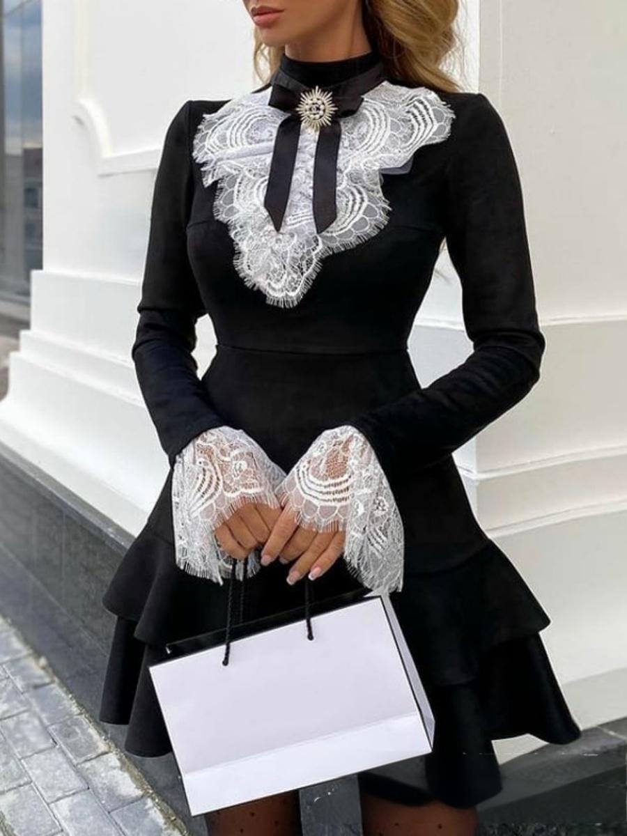 Velvet Black Lace Stitching Waist Mini&Short Dresses